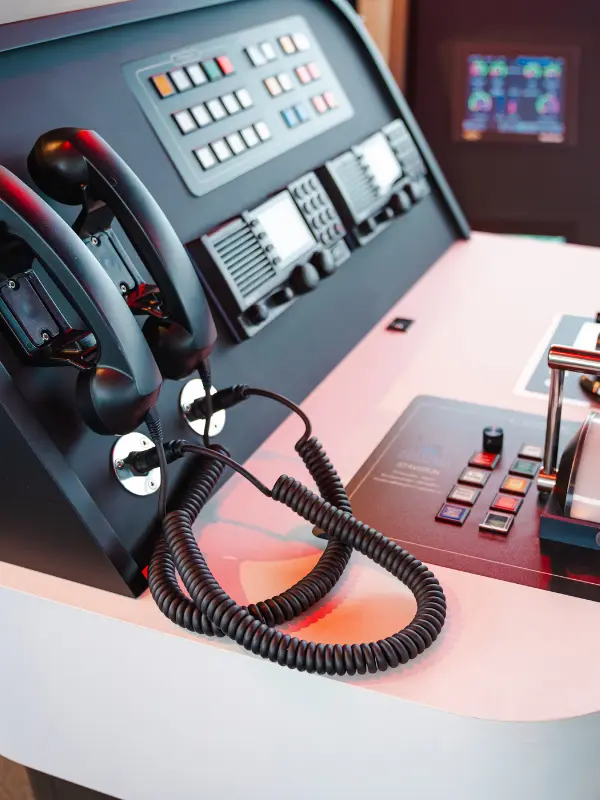 Bedienings- en communicatieapparatuur in de stuurhut van MTS Staveron