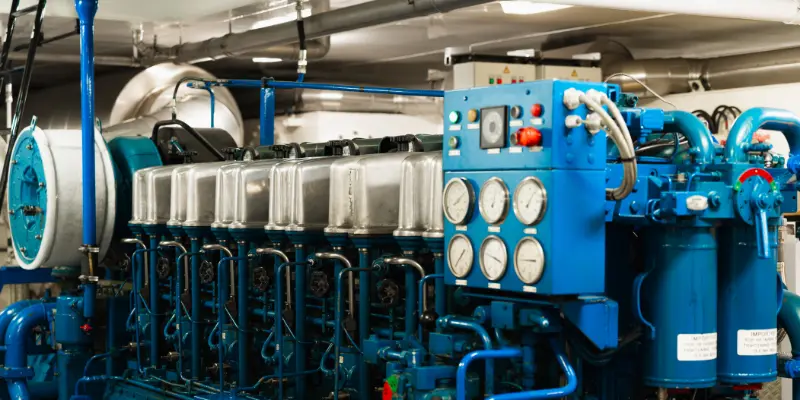 Motorinstallatie in de machinekamer van MTS Stavordia